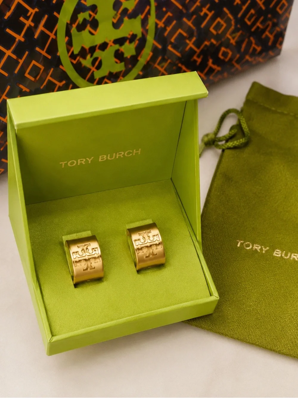 Tory Burch Gold-Tone Logo Huggie Hoop Earrings 💛